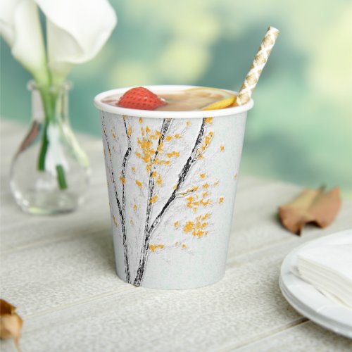 Autumn Tree Branches with Yellow Fall Leaves Paper Cups