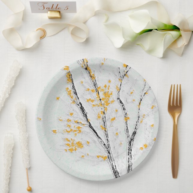 Autumn Tree Branches with Yellow Fall Leaves Paper Plates (Wedding)