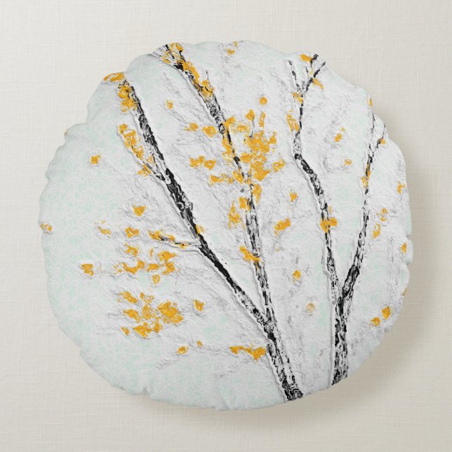 Autumn Tree Branches with Yellow Fall Leaves Round Pillow (Front)