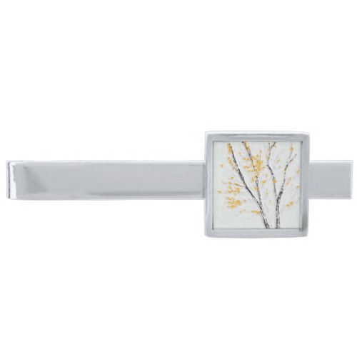 Autumn Tree Branches with Yellow Fall Leaves Silver Finish Tie Bar