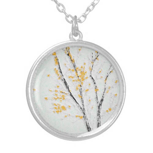 Autumn Tree Branches with Yellow Fall Leaves Silver Plated Necklace