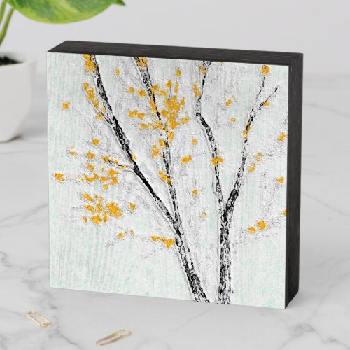 Autumn Tree Branches with Yellow Fall Leaves Wooden Box Sign