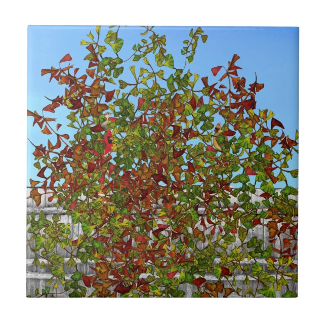 Autumn Tree Cardinal Birds Ceramic Tile (Front)