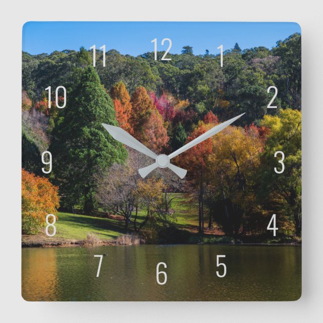 Autumn Tree Colors Lake Reflections Landscape Square Wall Clock (Front)