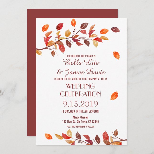 Autumn Tree Fall Leafs Wedding Invitations (Front/Back)