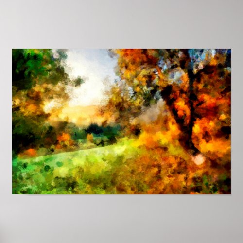 Autumn tree on a hill in sunset Landscape Painting Poster