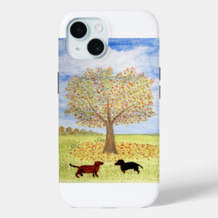 Autumn Tree Painting with Dachshund Dogs iPhone 15 Case