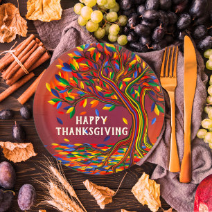 Autumn Tree Personalized Happy Thanksgiving Party Paper Plates