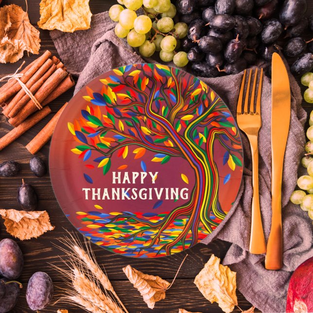 Autumn Tree Personalized Happy Thanksgiving Party Paper Plates (Creator Uploaded)