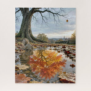 Autumn Tree Reflection in Puddle with Squirrel Jigsaw Puzzle