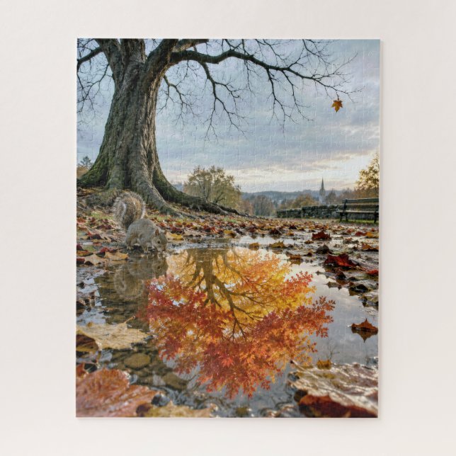 Autumn Tree Reflection in Puddle with Squirrel Jigsaw Puzzle (Vertical)