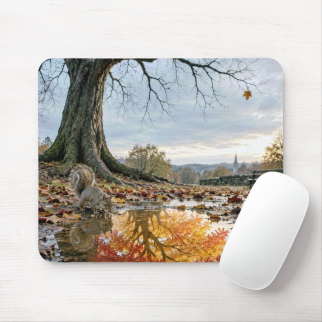Autumn Tree Reflection in Puddle with Squirrel Mouse Pad (With Mouse)