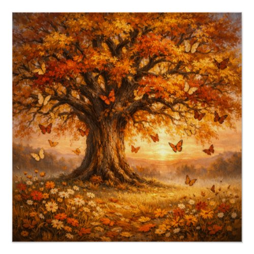 Autumn Tree with Butterflies at Sunrise Poster