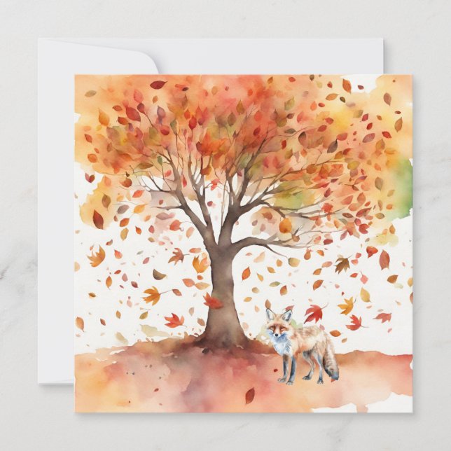 Autumn Tree with Falling Leaves and Fox Watercolor Card (Front)