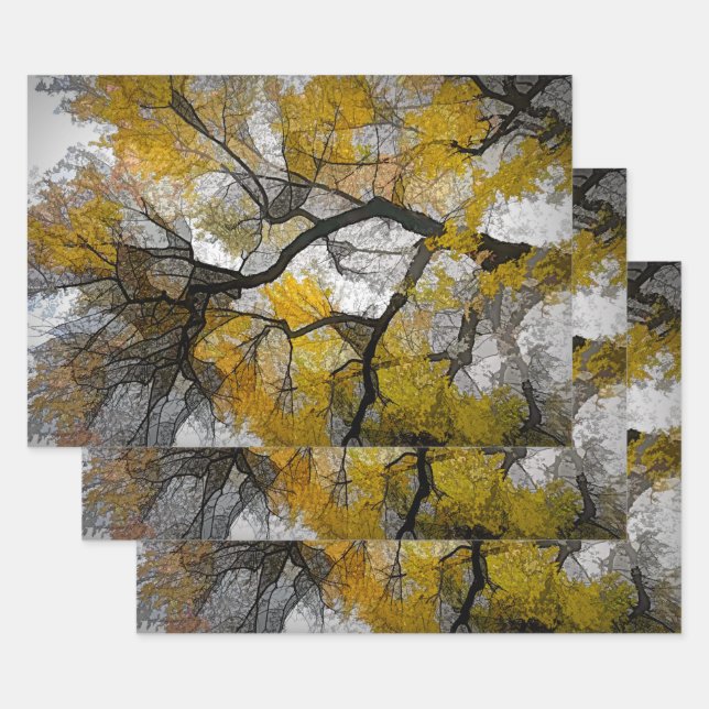 Autumn Tree Yellow Gray Leaves Sky Wrapping Paper Sheets (Set)