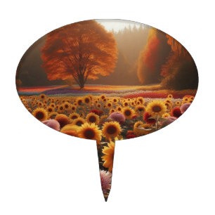 Autumn trees/field with mums cake topper