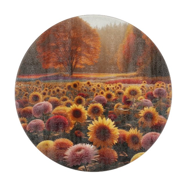 Autumn trees/field with mums cutting board (Front)