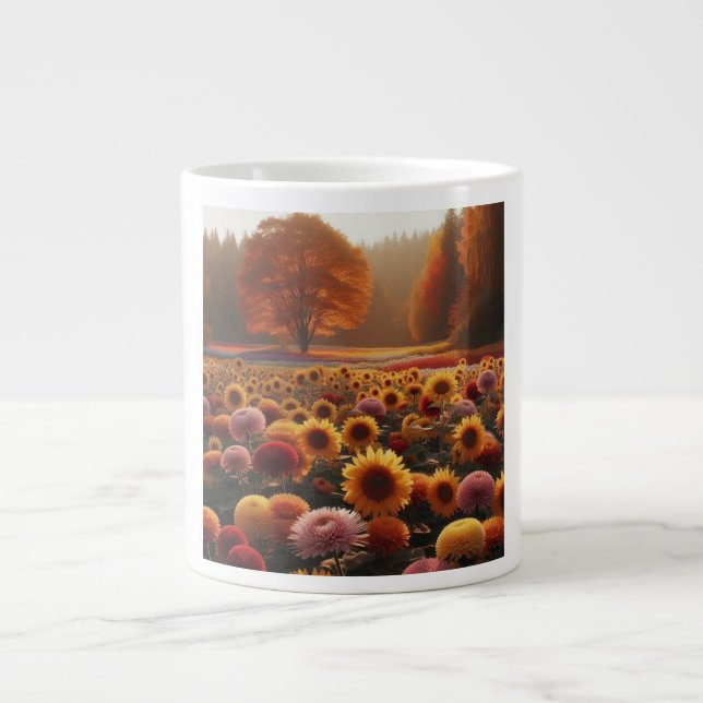Autumn trees/field with mums giant coffee mug (Front)