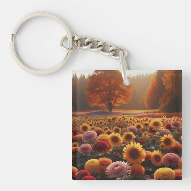 Autumn trees/field with mums keychain (Front)