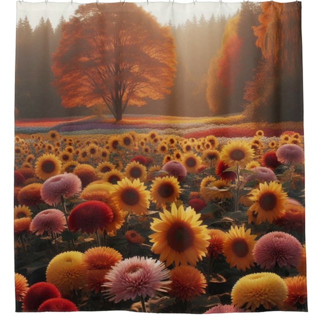 Autumn trees/field with mums shower curtain (Front)