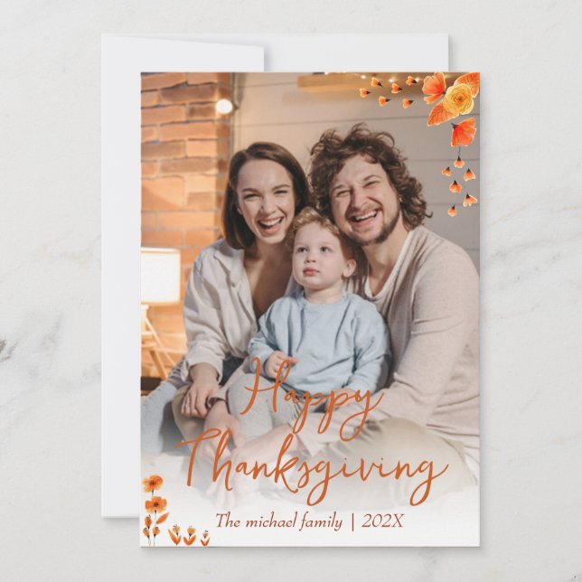  autumn trees happy thanksgiving | Family photo Holiday Card (Front)