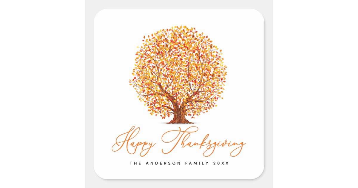 autumn trees happy thanksgiving square sticker | Zazzle