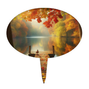Autumn trees & lake with ducks cake topper