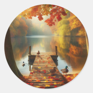 Autumn trees & lake with ducks classic round sticker