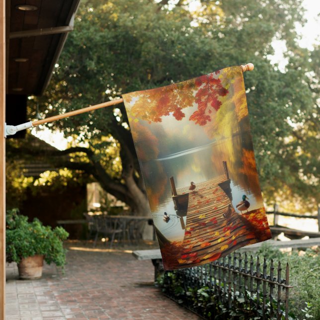 Autumn trees & lake with ducks house flag (In SItu)