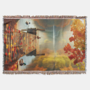 Autumn trees & lake with ducks throw blanket