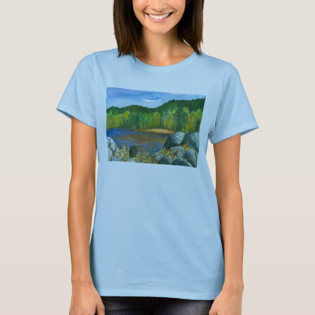 Autumn Trees Mountain Lake Watercolor Painting T-Shirt (Front)