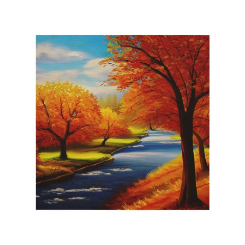 Autumn trees near a river painting wood wall art