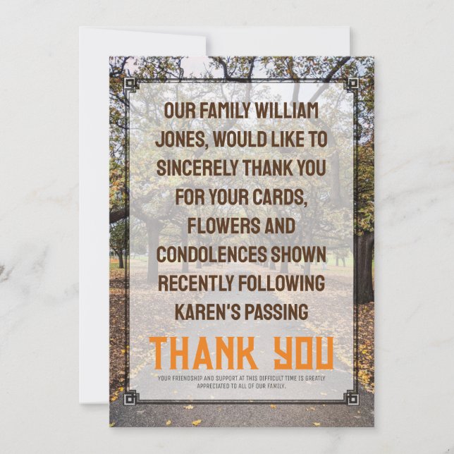 Autumn Trees Pathway Memorial Thank You Card (Front)