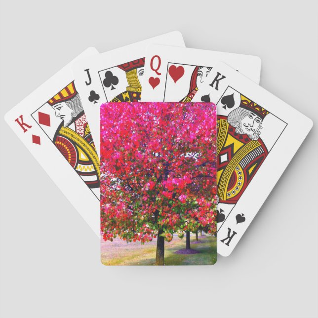 Autumn trees pink red leaves impressionistic trees poker cards (Back)