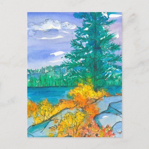 Autumn Trees Watercolor Mountain Lake Postcard