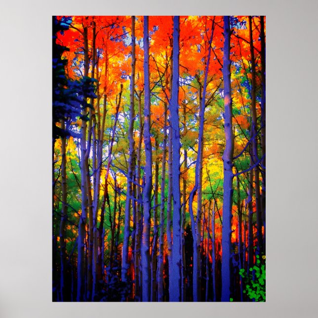 Autumn Trees with Blue Trunks and Orange Leaves Poster (Front)