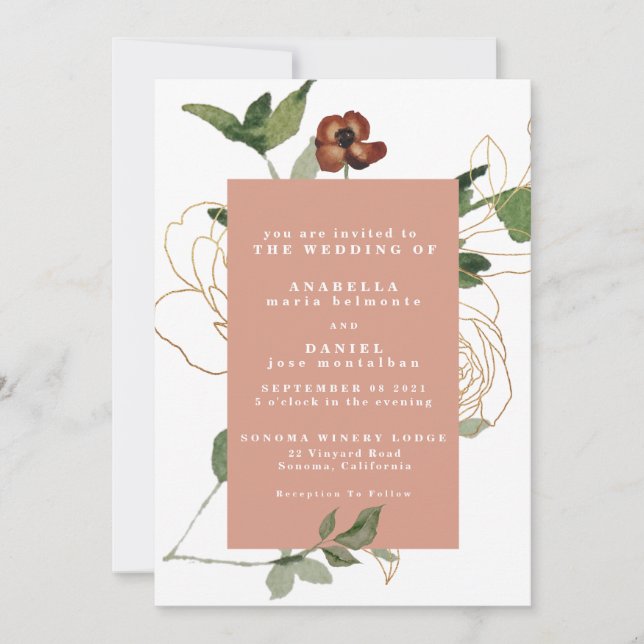 Autumn Trendy Florals Burgundy Blush Gold Wedding  Invitation (Front)