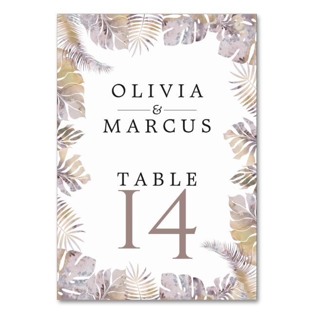 Autumn Tropic Leaves Mauve Gold Watercolor Table Number (Front)