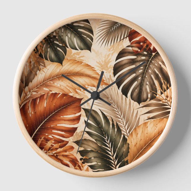 Autumn Tropical Monstera Botanical Pattern Clock (Front)