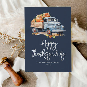 autumn truck navy blue happy thanksgiving holiday card