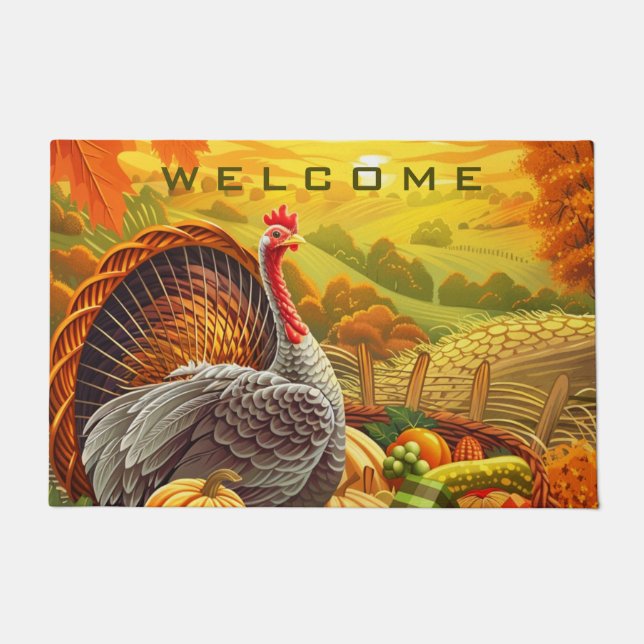 Autumn Turkey Pumpkins Happy Thanksgiving Doormat (Front)