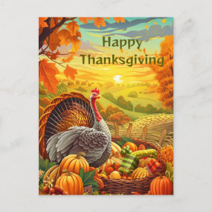 Autumn Turkey Pumpkins Happy Thanksgiving Postcard