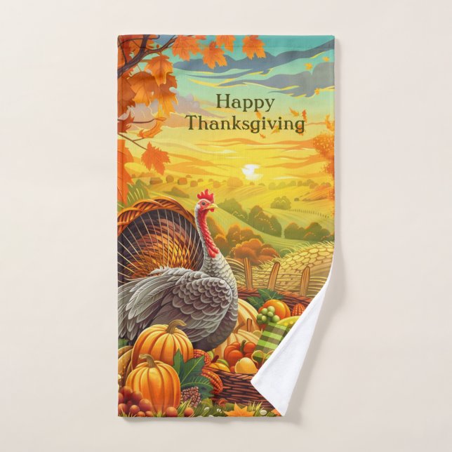 Autumn Turkey Pumpkins Thanksgiving Hand Towel (Hand Towel)