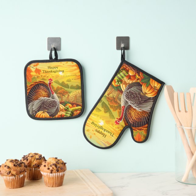 Autumn Turkey Pumpkins Thanksgiving Oven Mitt & Pot Holder Set (Insitu(Hanging))