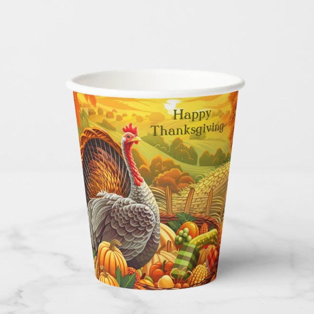Autumn Turkey Pumpkins Thanksgiving Paper Cups (Front)
