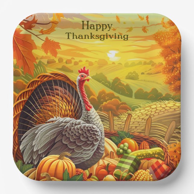 Autumn Turkey Pumpkins Thanksgiving Paper Plate (Front)