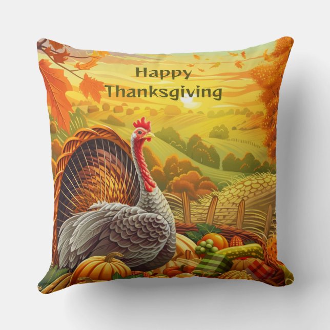 Autumn Turkey Pumpkins Thanksgiving Throw Pillow (Back)