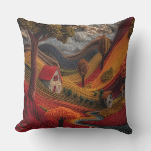 Autumn Valley Textured Folk Art Landscape Throw  Outdoor Pillow
