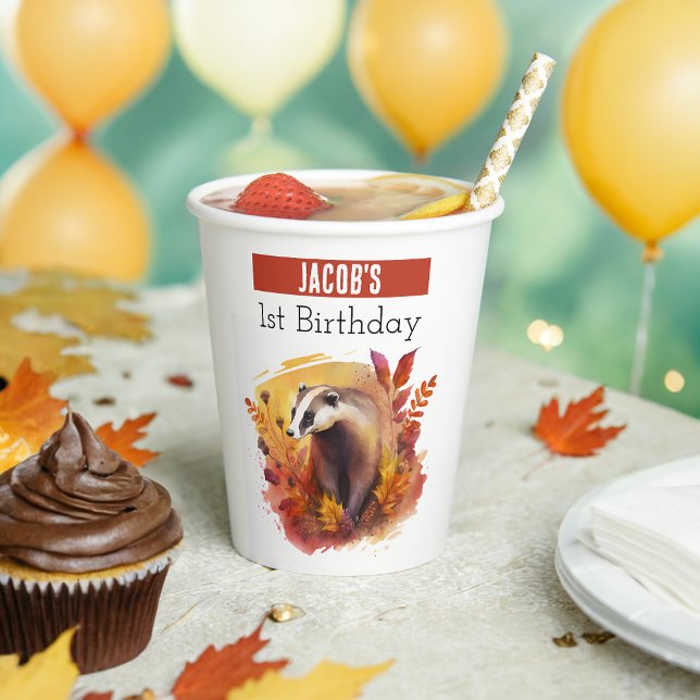 Autumn vibes Badger - 1st birthday - Paper Cups (Creator Uploaded)