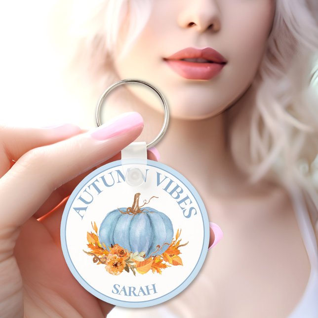 Autumn Vibes Blue Pumpkin Fall Custom Name Keychain (Autumn Vibes Blue Pumpkin Fall Custom Name Keychain)